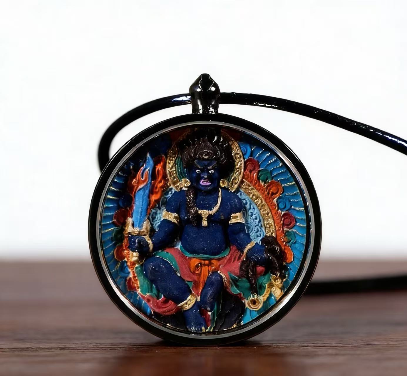 Hand-Painted Circular Thangka Pendant - Sacred Blessings in Compact Form
