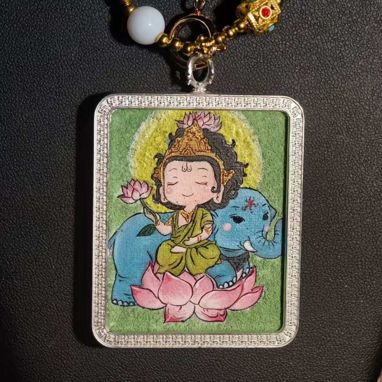 Cute Hand-Painted Samantabhadra Bodhisattva Thangka Necklace | Tibetan Spiritual Lucky Charm