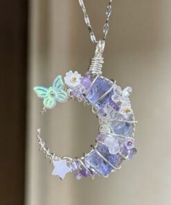Amethyst Blue Fluorite Moon Pendant 🔮 Lunar Intuition & Mental Clarity Necklace